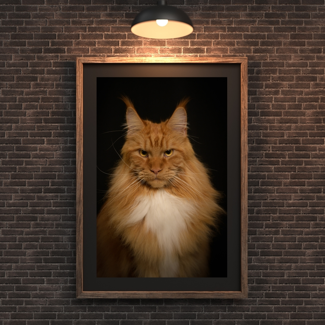 framed portrait of ginger cat on brick wall
