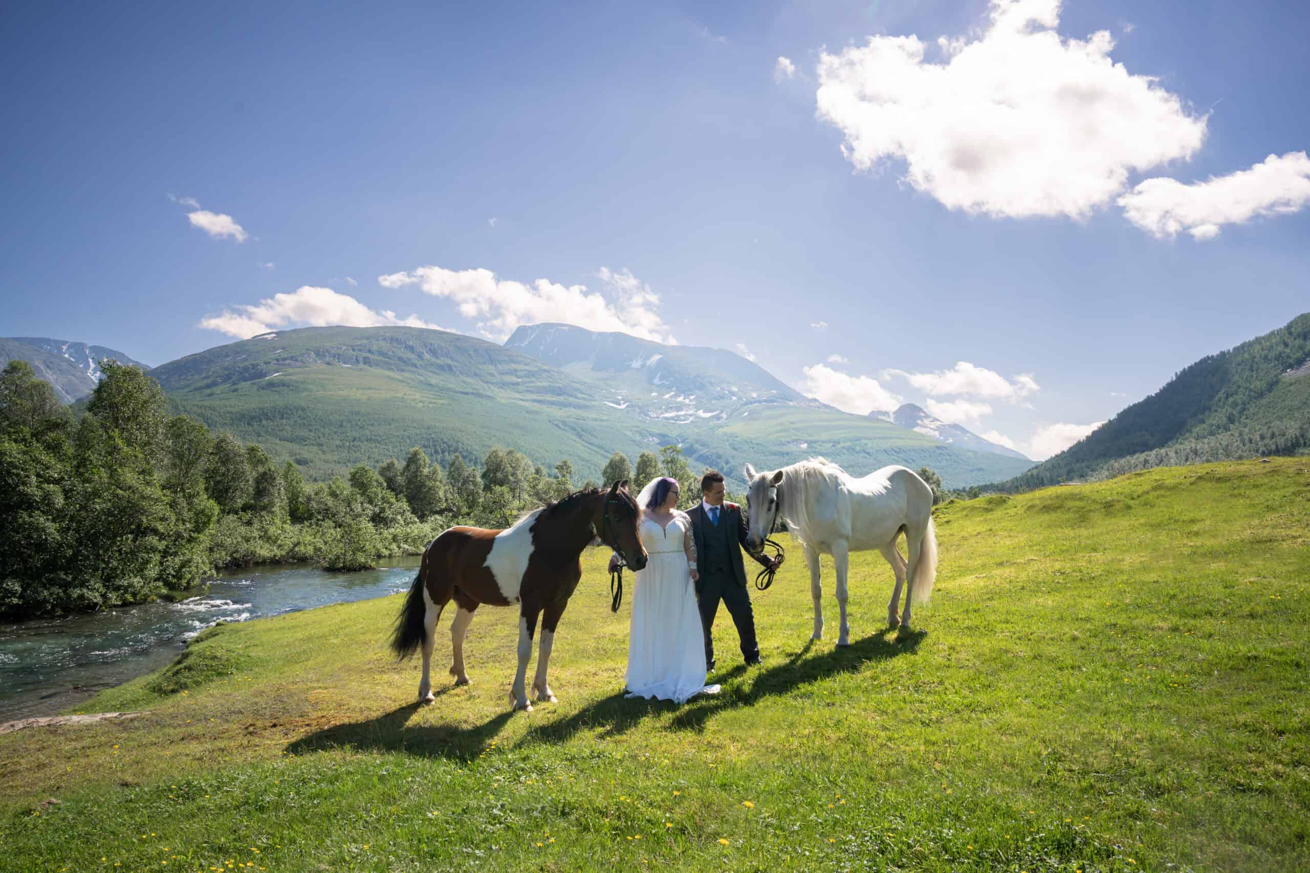 Bryllupsfoto med brudepar og to hester i grønt landskap under åpen himmel.